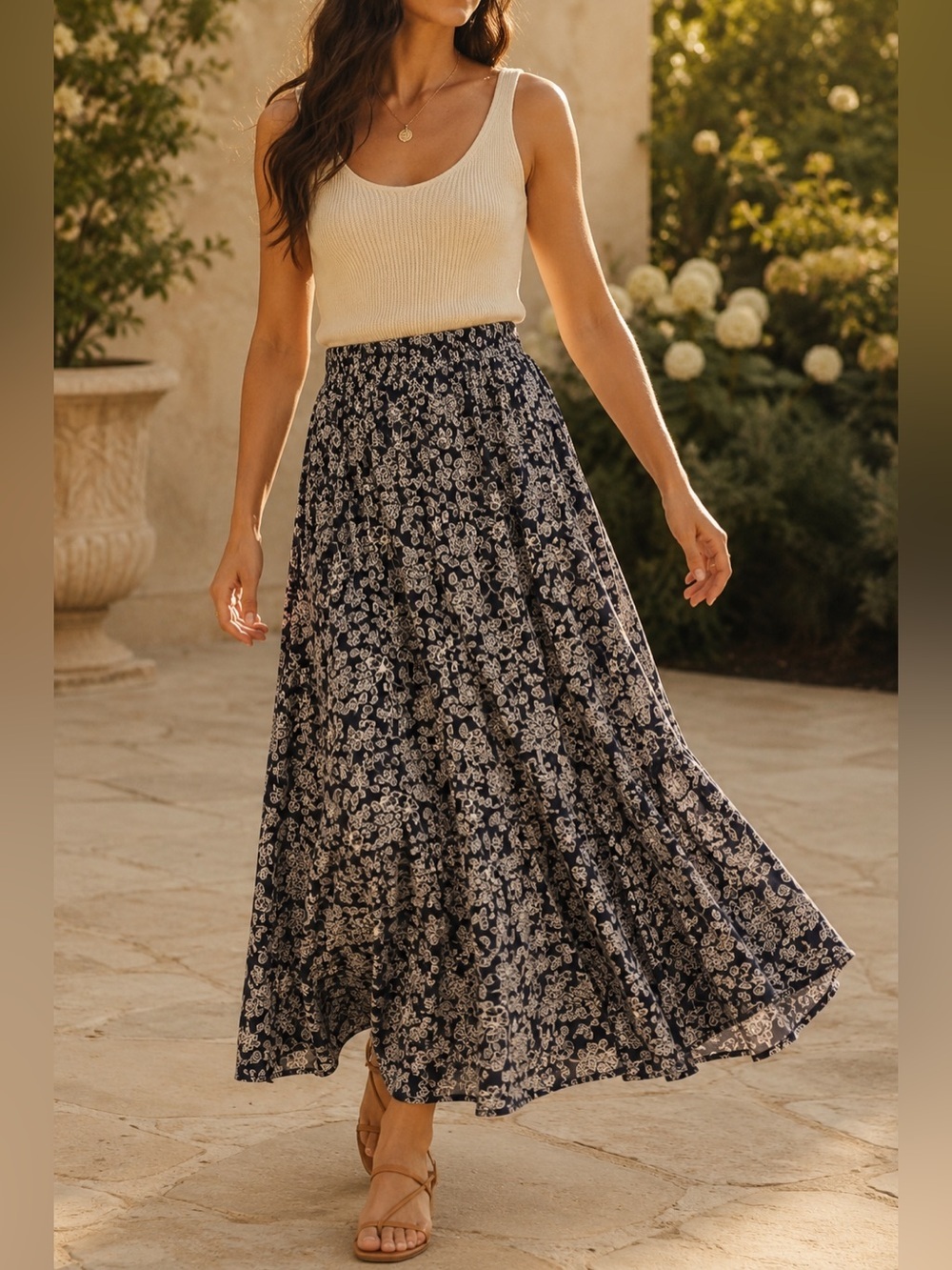 Vintage JP Sport Navy White Floral Maxi Skirt Cottagecore Prairie Boho M